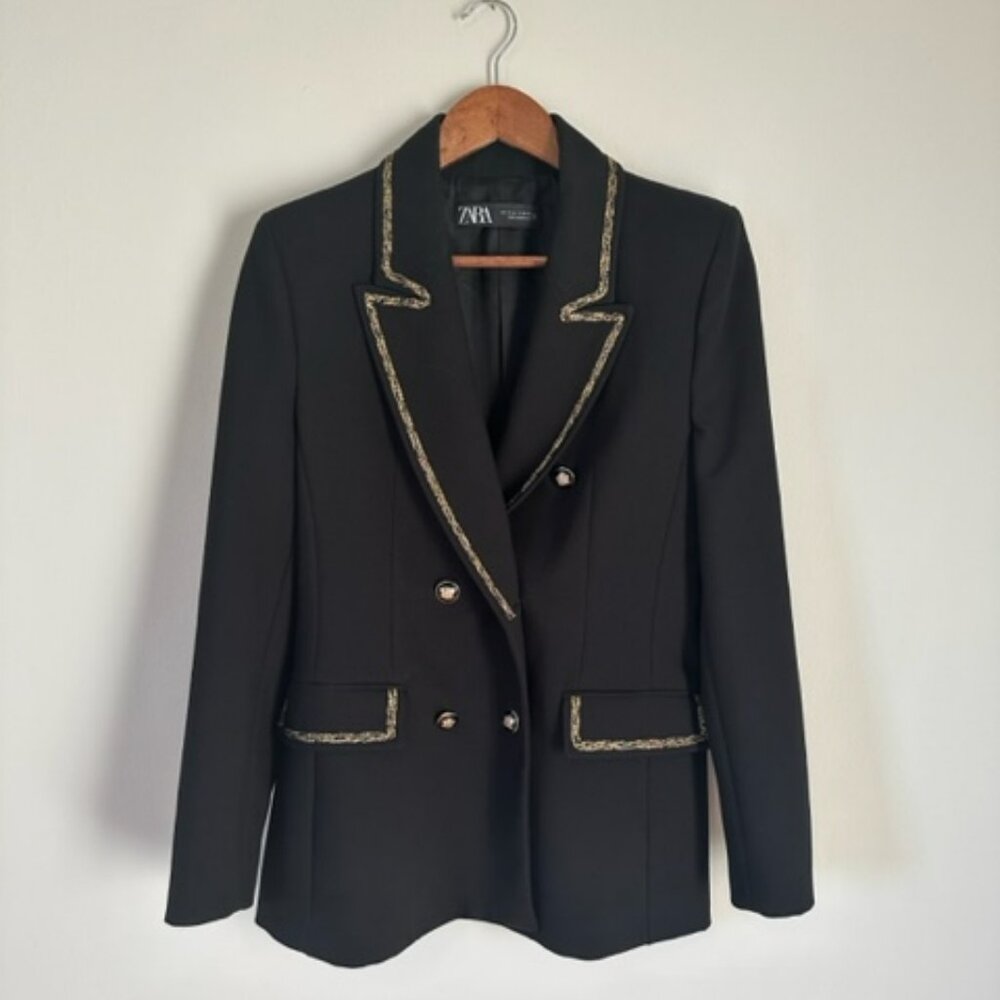 Zara Double Breasted Black Blazer with Gold Metallic Trim